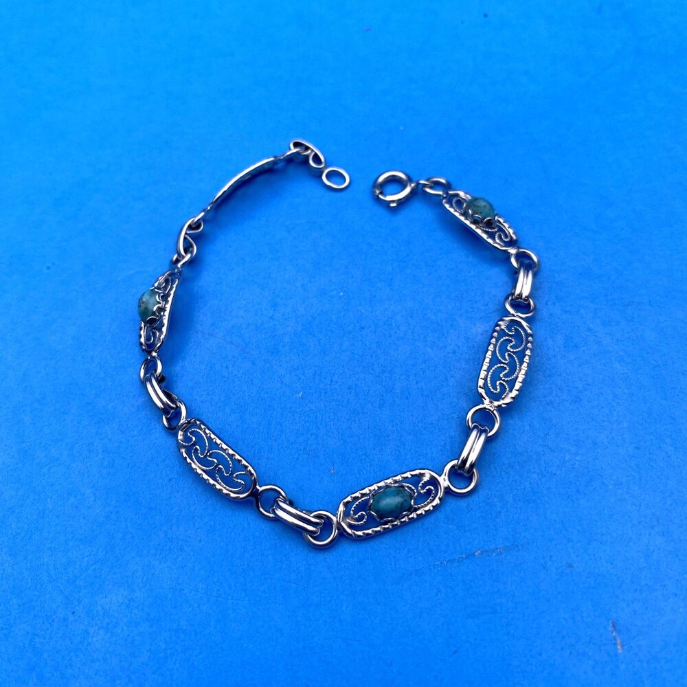 1/20 12K GF White Gold Filled Faux Blue Turquoise Link Bracelet 7 1/4"